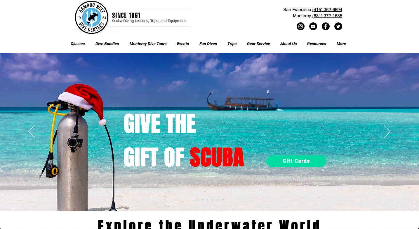screenshot of bamboo reef dive centers website